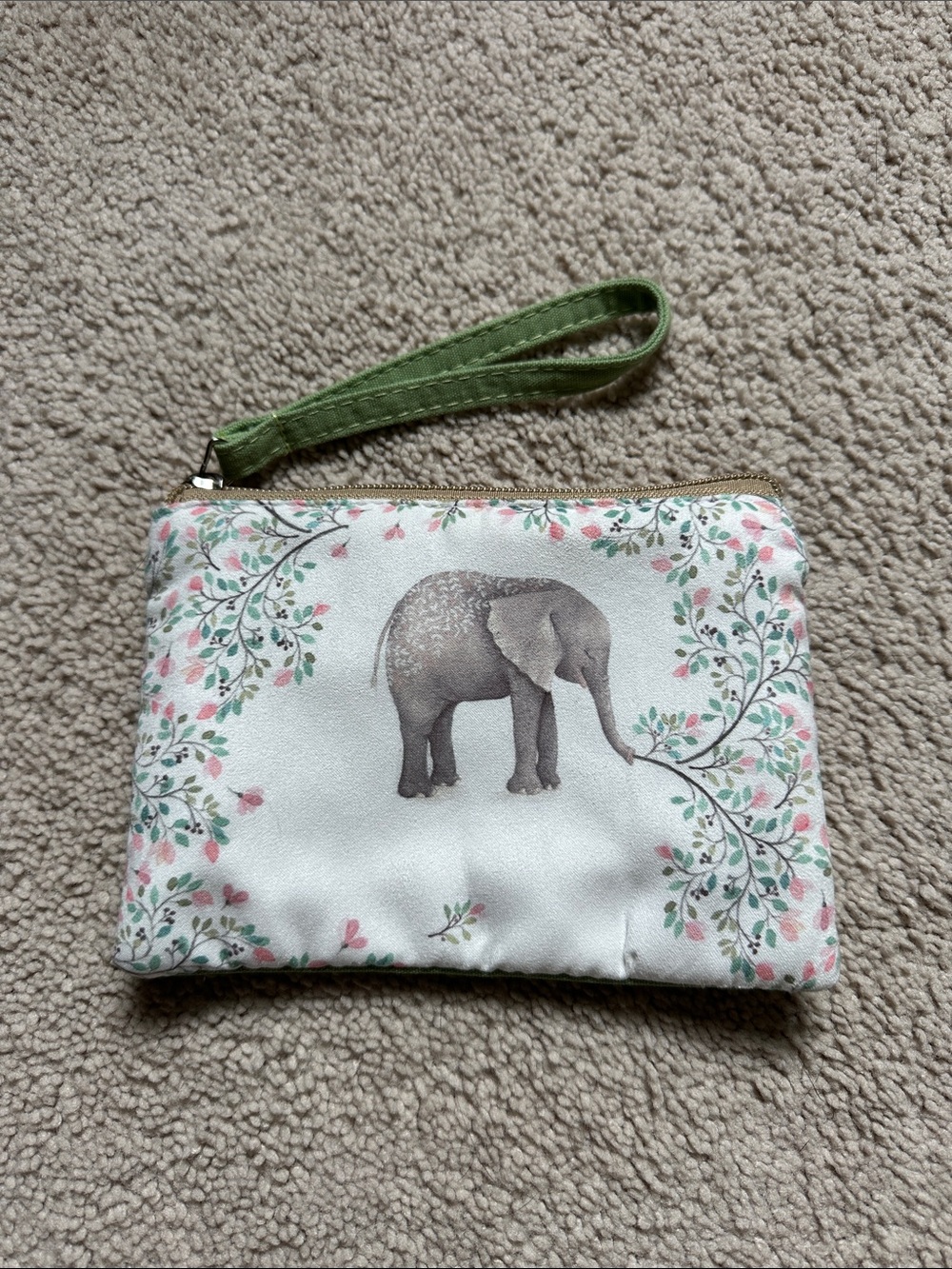 Elephant Floral Wristlet Pouch - White with Green Strap NWOT